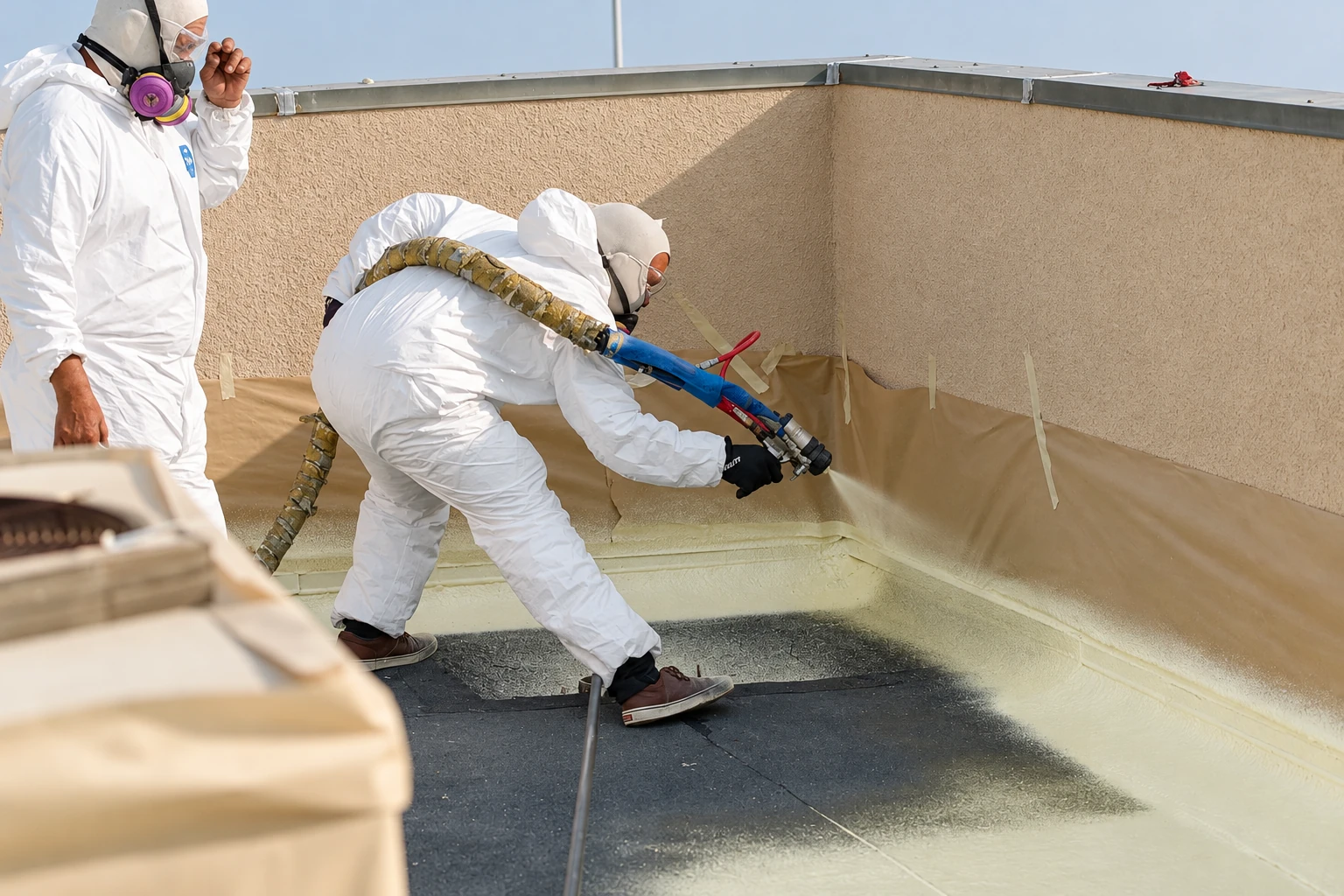 Two workers in protective suits spray foam along the floor and walls of a rooftop enclosure.