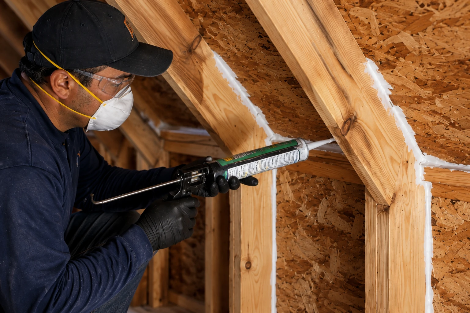 A worker wearing protective gear applies foam sealant along wooden attic framing with a caulking gun.