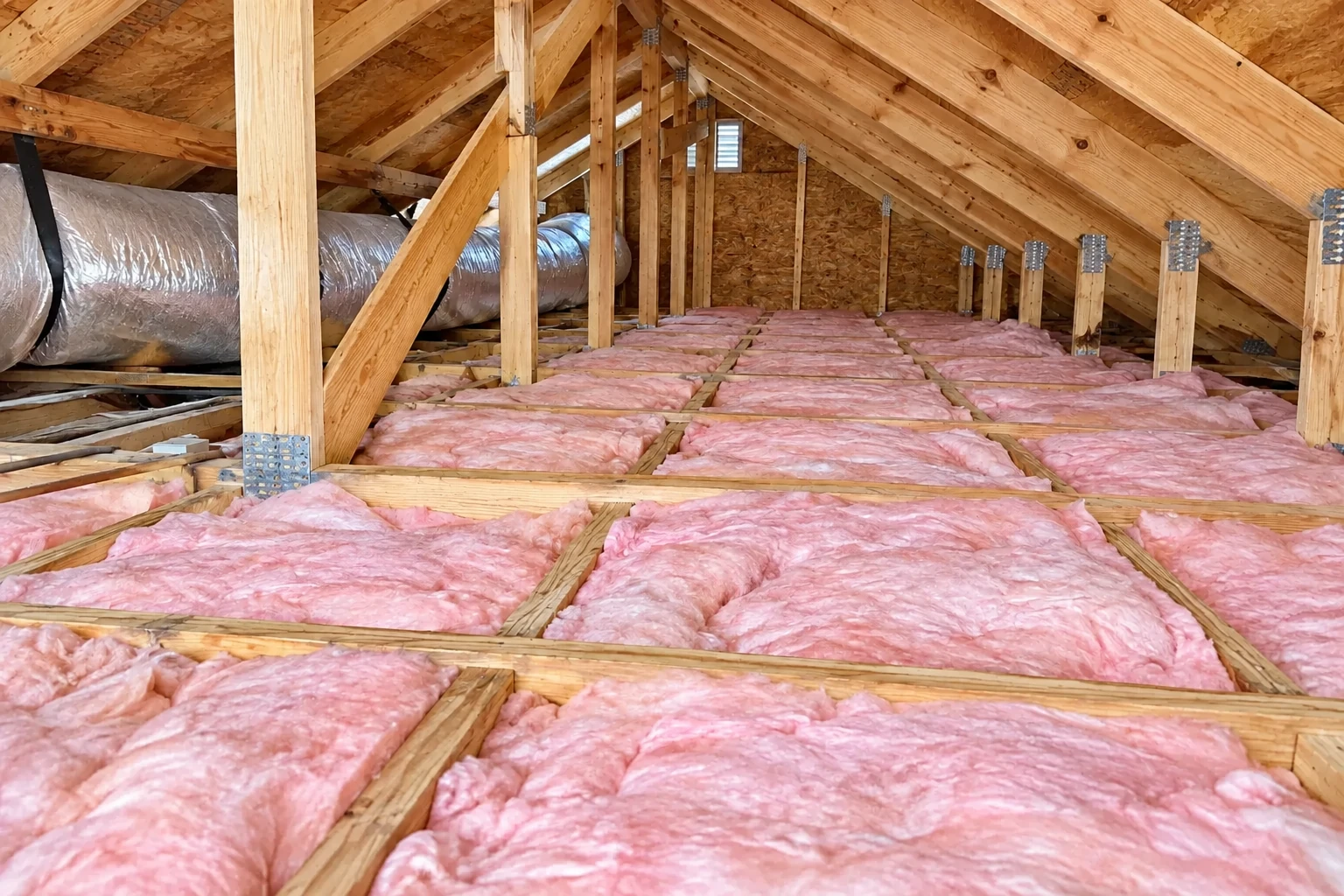 Pink fiberglass batts fill the floor joists of an open attic beneath exposed wooden roof trusses.