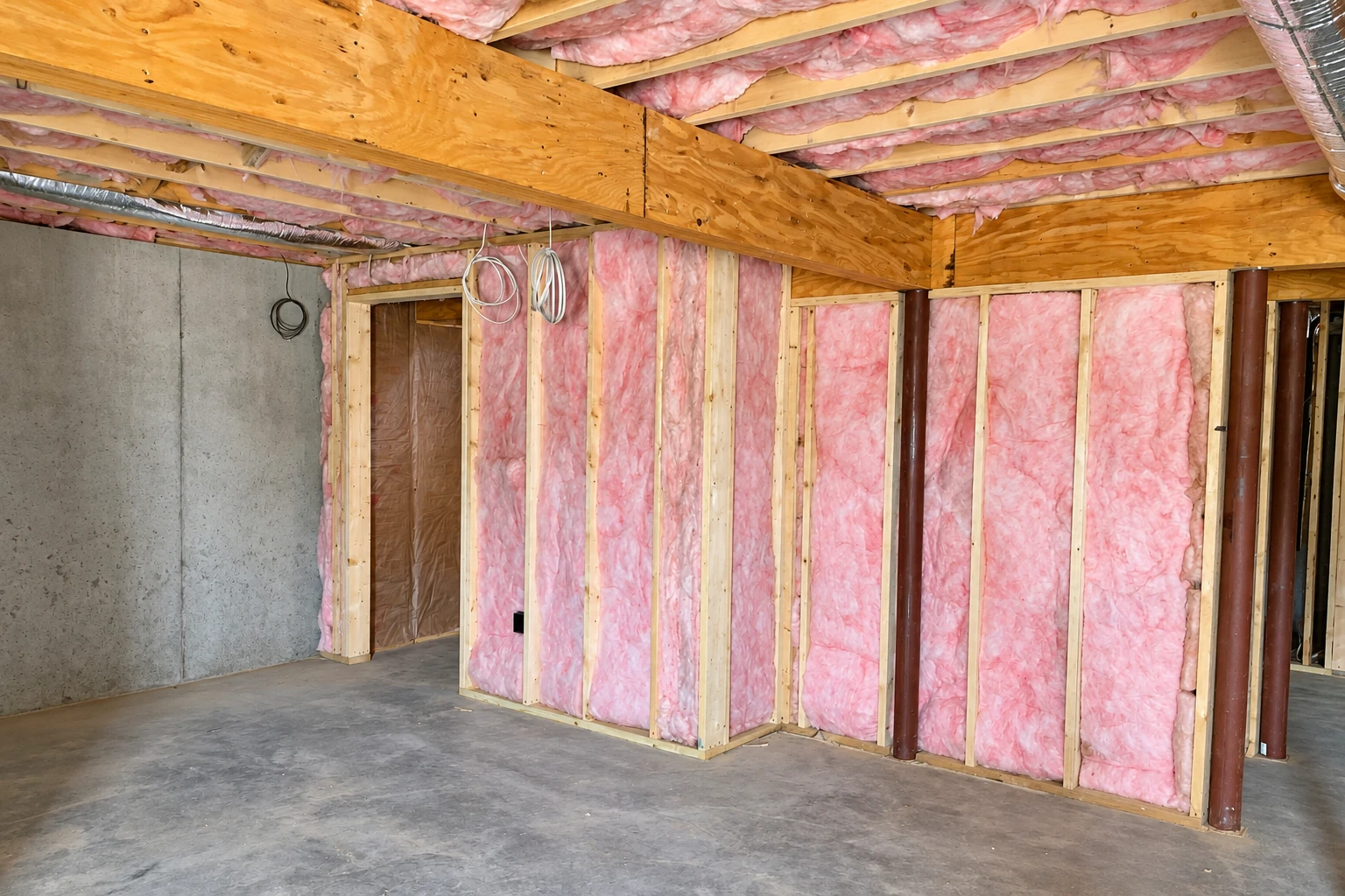 Pink batt insulation fills the walls and ceiling of an unfinished basement framed with exposed wood studs.