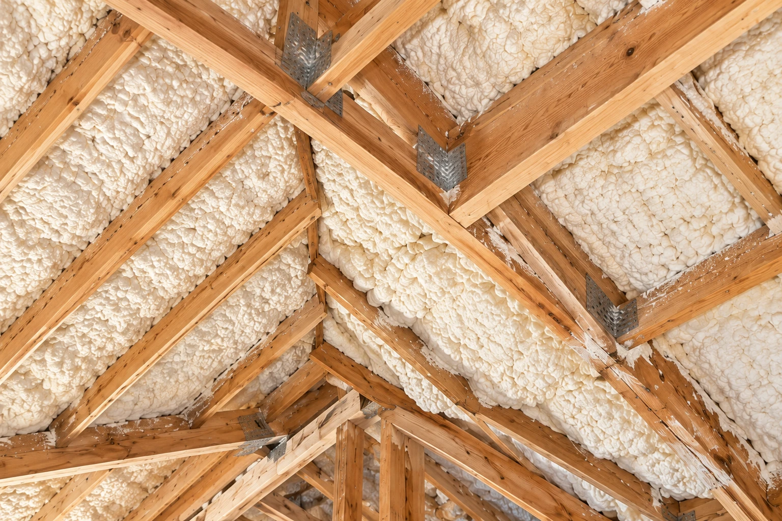 White spray foam covers the underside of an attic roof around exposed wooden rafters and trusses.