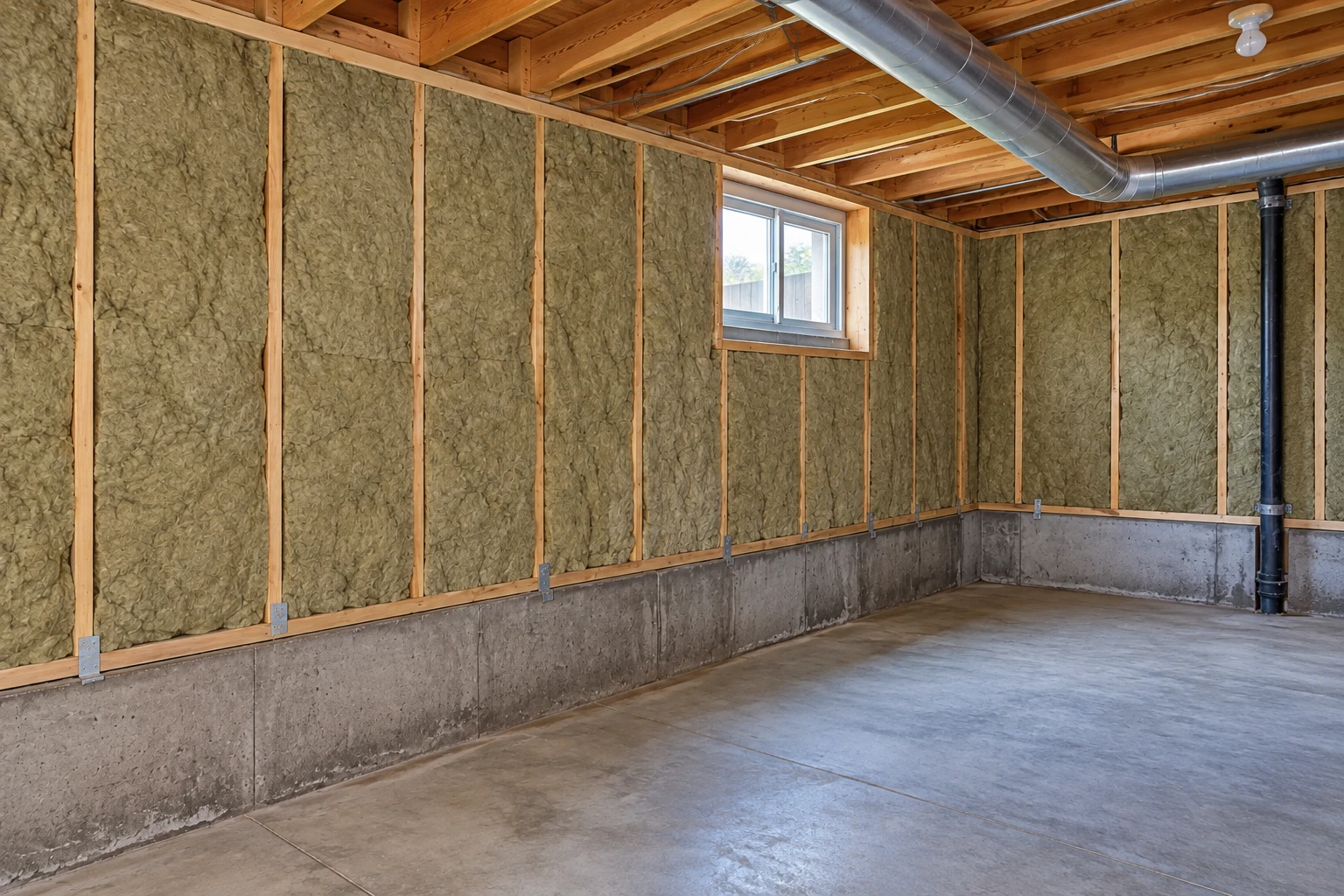 Basement with insulation fitted between exposed wall studs, a concrete floor, window, and overhead ductwork.