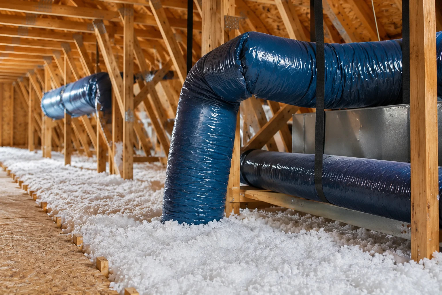 Loose-fill insulation covers an attic floor beneath large blue ducts and exposed wooden roof trusses.