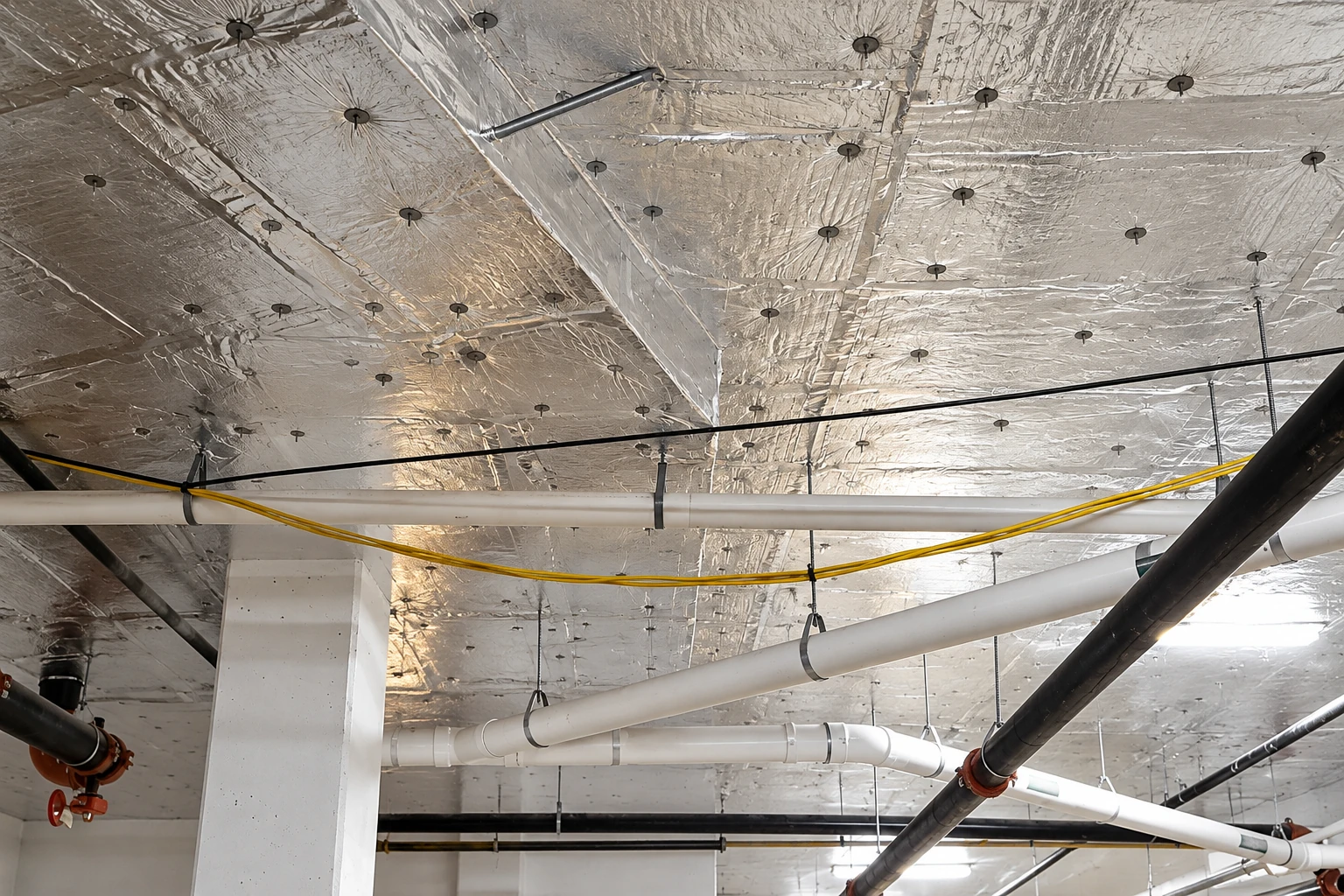 Silver foil insulation covers a commercial ceiling above suspended pipes and cables.