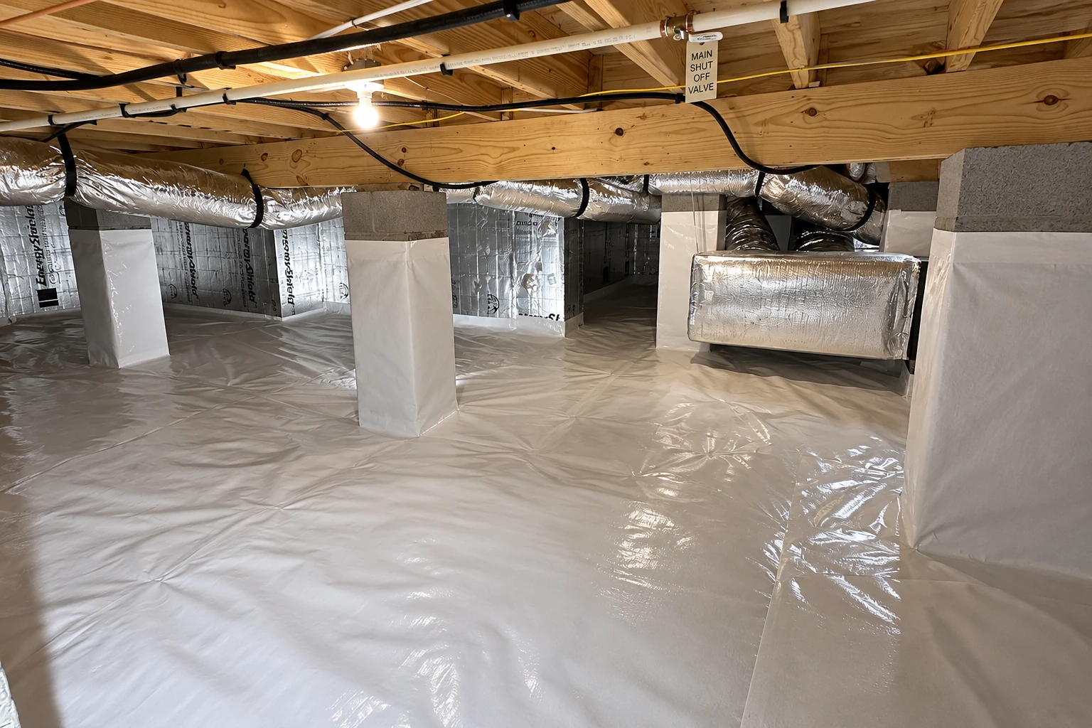 Crawl space with a white plastic vapor barrier covering the floor and wrapped around support posts, beneath ducts and exposed joists.