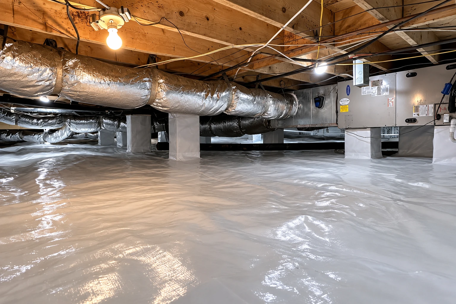A crawl space has a white floor vapor barrier, foil-wrapped ducts, support piers and overhead wiring.