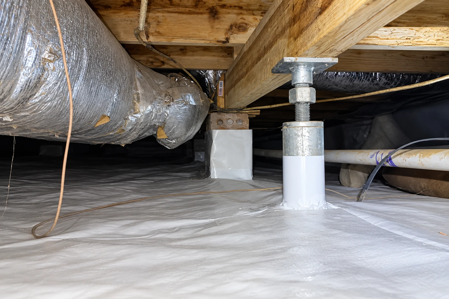 A crawl space has a continuous gray vapor barrier across the floor beneath wooden beams and ductwork.