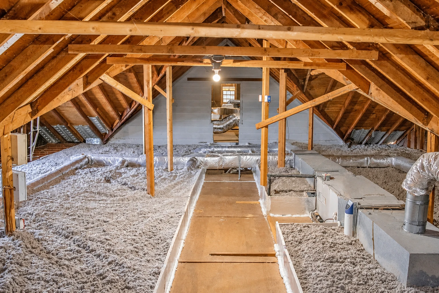 Blown-in insulation covers an attic floor around a central walkway and HVAC ducts beneath exposed timber framing.