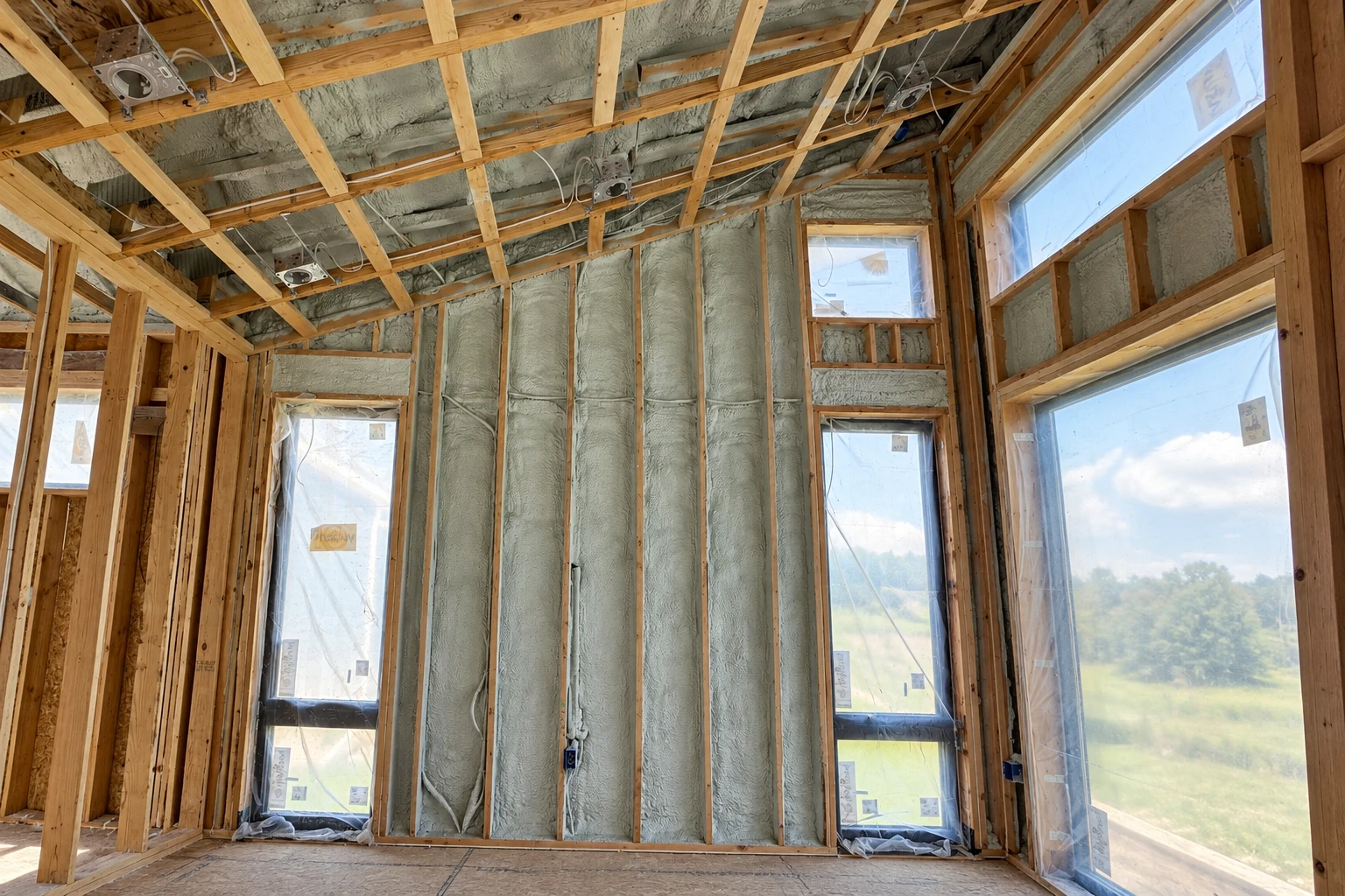 Gray spray foam fills the wall and ceiling cavities of a house under construction, with exposed framing and windows.