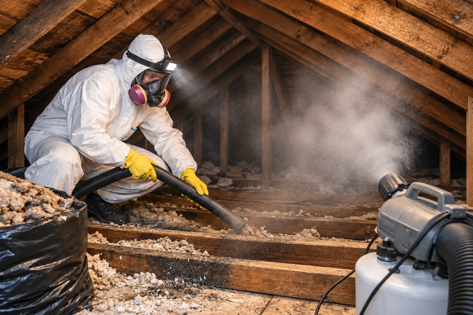 A worker in protective coveralls vacuums old attic insulation through a hose as dust rises nearby.