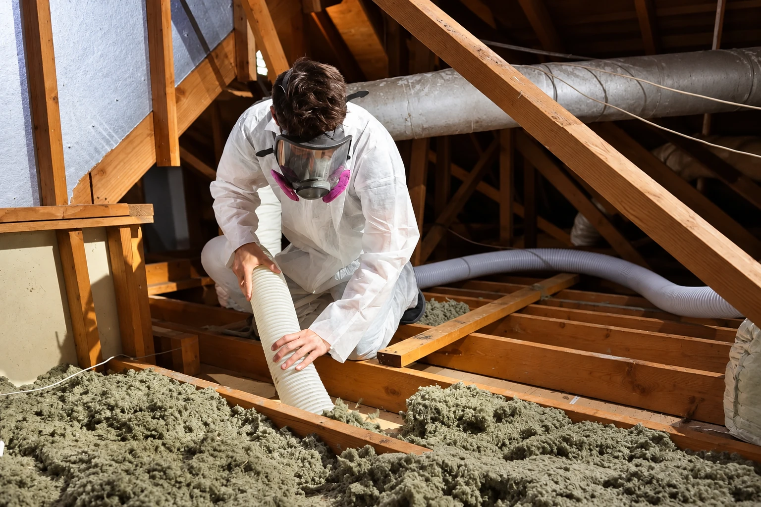 A worker in protective coveralls and a respirator vacuums loose attic insulation through a hose.