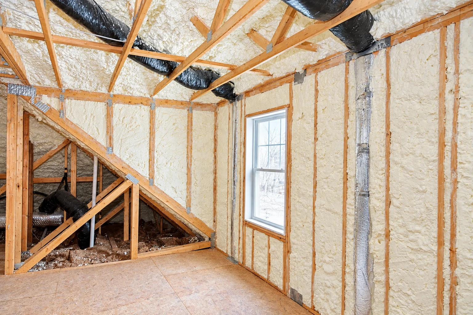 Open-cell foam insulation fills the wall and roof cavities of a framed attic, with black ducts and a window visible.