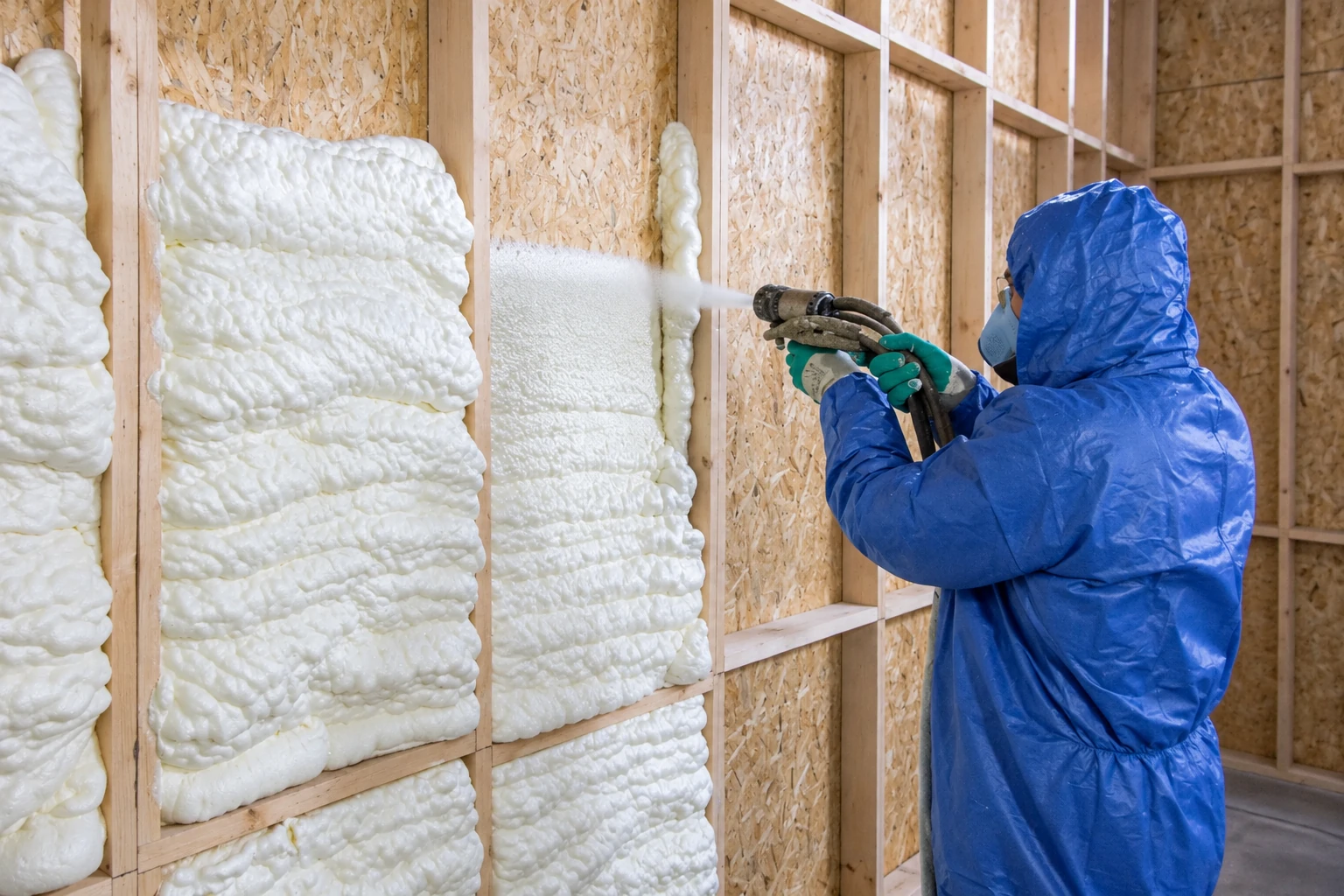 A worker in blue protective gear sprays white foam insulation into exposed wooden wall framing.