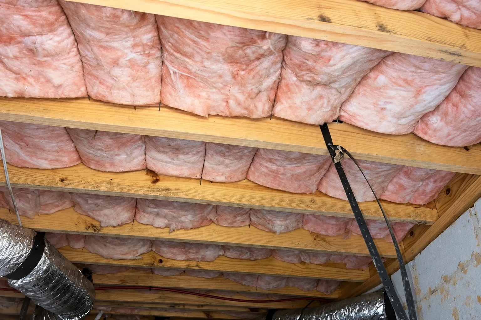 Pink fiberglass batts fill the spaces between wooden attic rafters, with ducts and support straps visible.