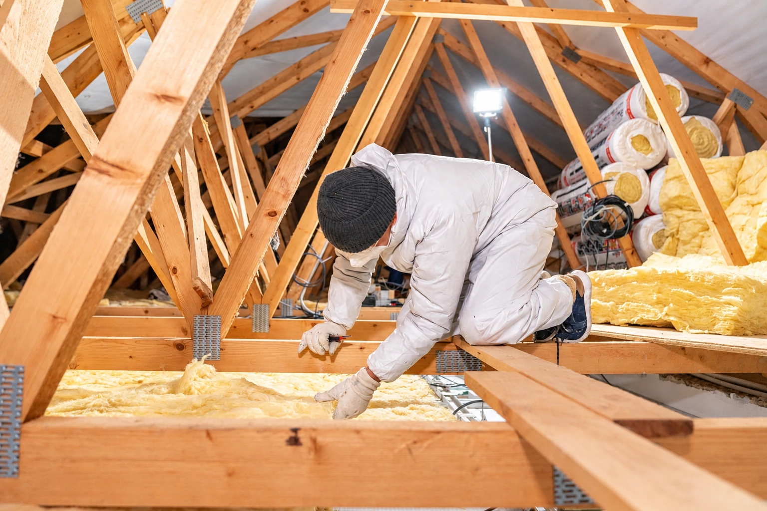 A worker in protective clothing kneels among attic trusses, fitting yellow fiberglass insulation between floor joists.