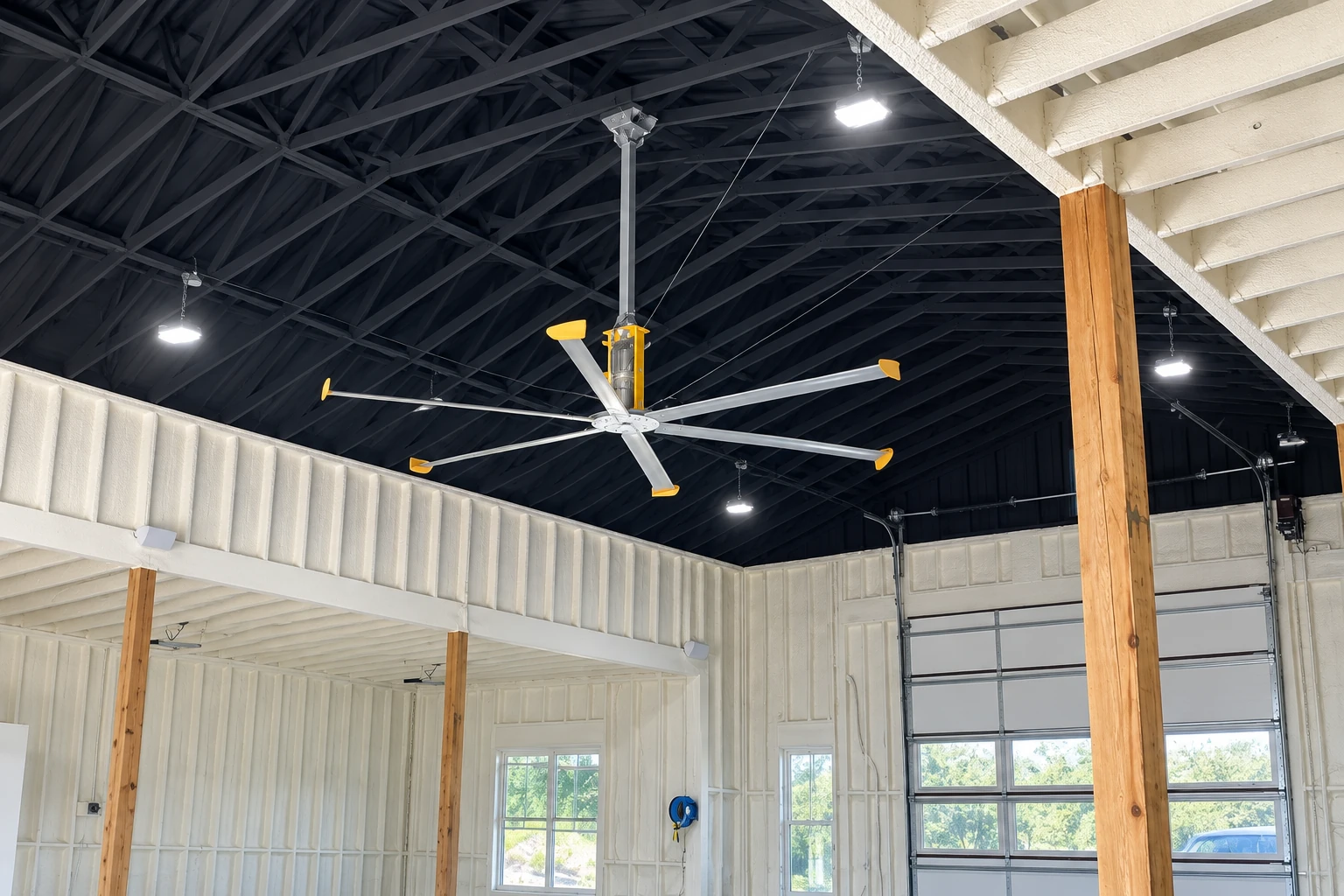 Spray foam insulation coats the walls and roof of a spacious metal workshop with a large ceiling fan and garage door.