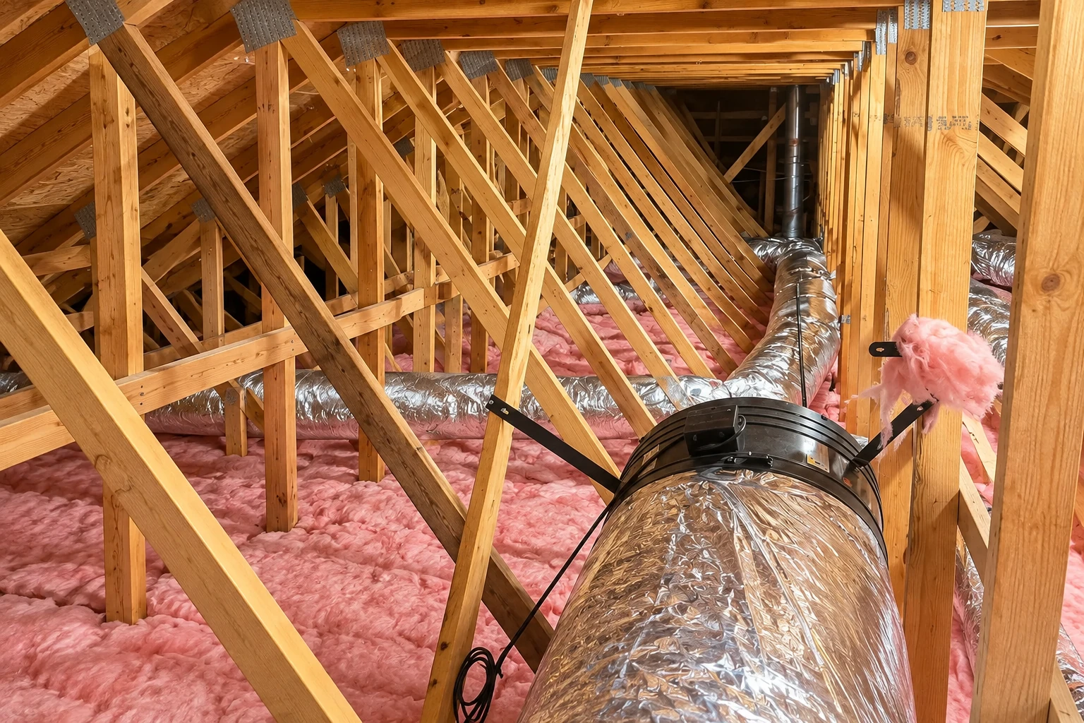 Pink batt insulation lies between attic trusses around large silver ducts.