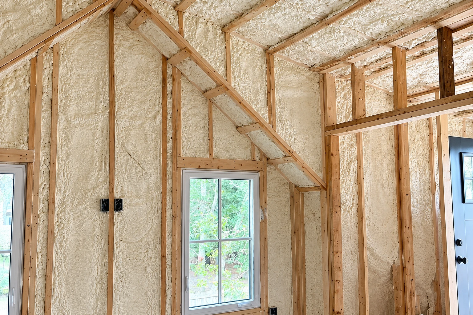 Unfinished room with pale spray foam insulation coating the walls and roof between exposed wooden framing.