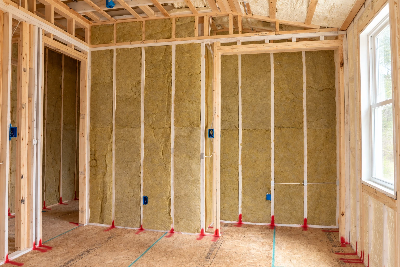 Unfinished room with tan batt insulation fitted between exposed wooden wall studs and ceiling joists.